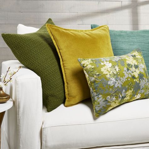 Brenner Chartreuse Velvet Pillow with Down-Alternative Insert 20" Decorating With Chartreuse, Botanical Palette, Green Pillows Living Room, Chartreuse Pillow, Chartreuse Accents, Beige Couch Pillows, Chartreuse Decor, Chartreuse Velvet, Sunset Point