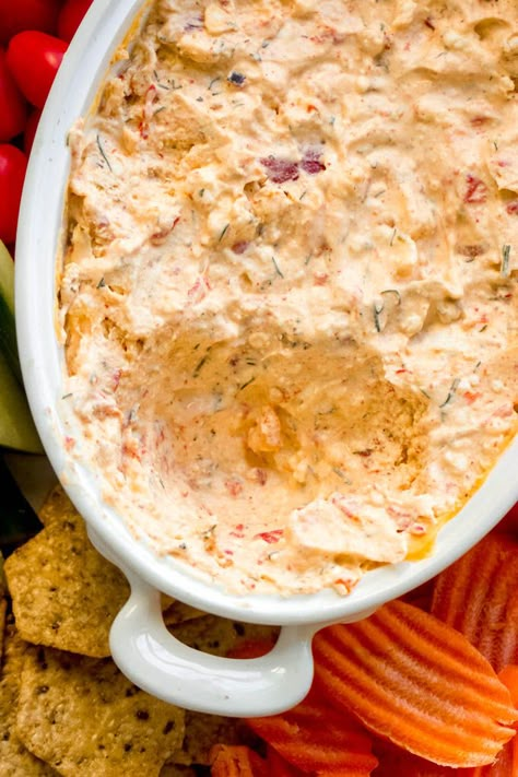 Hot feta cheese dip with roasted peppers, garlic, and dill. It's crazy good! #fetadip #hotdip #fetacheesedip Roasted Sweet Peppers, Feta Cheese Dip, Dip With Cream Cheese, Apps And Snacks, Feta Dip, Dips And Appetizers, Sweet Peppers, Snack Dip, Dips And Spreads