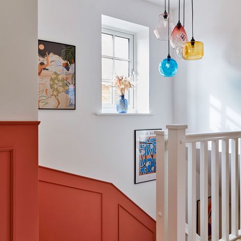 A Kent new build transformed with bright and bold colours | Ideal Home Colourful New Build, Bedroom Picture Rail Ideas, Colourful Panelling, Bright Hallway Ideas, Coloured Skirting Boards, Bright Hallway, Painted Window Frames, New Build House, Two Tone Walls