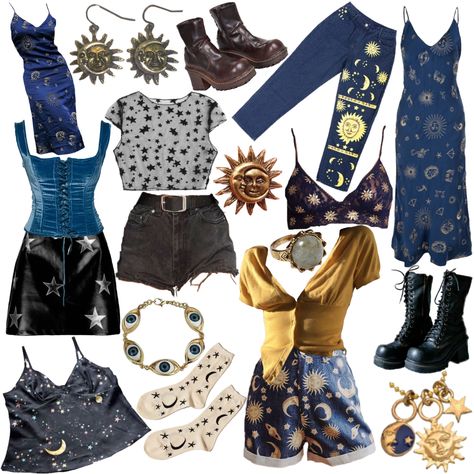 2023 Fashion Trends Grunge, Celestial Clothes Aesthetic, Celestial Grunge Outfits, Celestial Whimsigoth Outfit, Spacecore Outfits Aesthetic, Cosmic Core Aesthetic Outfits, Celestial Goth Outfit, Space Witch Outfit, Gemini Inspired Outfits