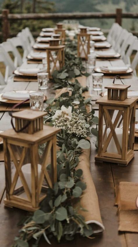 14 Mountain Wedding Table Decoration Ideas Cactus Wedding Decor Wedding Table Decor, Farmhouse Table Wedding Reception, Wooden Tables Wedding Reception, Sage Green Wedding Tables, Farmhouse Table Wedding Decor, Minimal Table Decor, Wedding Reception Tables Layout, Eucalyptus Wedding Decor, Wooden Table Decor