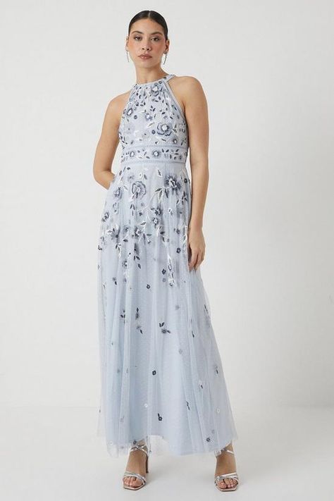 Festive Embroidered Blue Maxi Dress, Blue Maxi Embroidered Dress With Intricate Details, Blue Embroidered Floor-length Maxi Dress, Light Blue Floor-length Dress With Intricate Embroidery, Blue Floral Embroidered Floor-length Evening Dress, Mesh Bridesmaids Dress, Ice Dresses, Mesh Overlay, Bridesmaids Dress