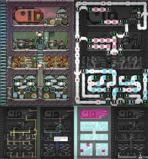 Oxygen Not Included (ONI): SPOM (Self-Powering Oxygen Module). I designed this to have modular 4x4 oxygen production rooms. The hydrogen storage refills the pipes to the generators if they ever run dry. Very important: Even though the production rooms can handle 20kg of overpressure don't let the oxygen back up in the pipes that lead out to your base -> better create an overflow for excess oxygen. The thermal sensors are there for my room conditioning solution (see "bedroom setup") Oxygen Not Included Base Layout, Oxygen Not Included Base, Corporate Dystopia, Oxygen Not Included, Animal Crossing Minecraft, Production Room, Computer Video, Free Energy Projects, Digimon Tamers