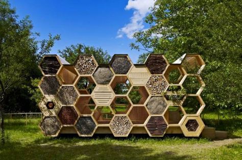 AtelierD's Giant Honeycomb Bee Hotel Attracts Pollinators + Humans Alike | Inhabitat Bee Hotel Design, Hotel Sculpture, Pollinator Garden Design, Mason Bee House, Bee Hive Plans, Bee Houses, Wild Bees, Bee Hotel, Bug Hotel