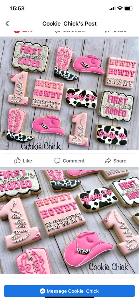 Cow Print Cookies Pink, Pink Cowgirl 1st Birthday, Preppy Cow Print Birthday Party, Disco Cowgirl 1st Birthday Outfit, Cowgirl Birthday Party One Year Old, Cowgirl Themed 2nd Birthday Party, Pink Cowgirl Party Toddler, Cow Print Birthday Cookies, 3rd Birthday Rodeo Theme