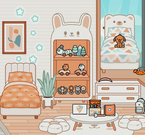 this is a cute toddler room for two in toca boca Toca Boca Kids Room Ideas Twins, Toca Boca Room Ideas For Twins, Twin Room Idea Toca Boca, Toca Boca Toddler Room Ideas, Toca Boca Twin Room Ideas, Triplet Room Ideas, Twin Toddler Bedroom, Toca Characters, Twin Baby Rooms