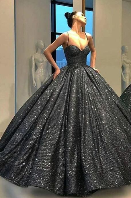 a424ed4bd3a7d6aea720b86d4a360f75desc48827821ri Black Sparkly Prom Dresses, Black Sparkly Prom Dress, A Line Ball Gown, Prom Dress A Line, Sequin Ball Gown, Black Quinceanera Dresses, Sparkly Prom Dress, Robes D'occasion, Sparkly Prom Dresses