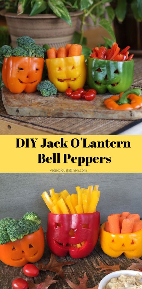 Pepper Jackolantern, Jack O Lantern Bell Peppers, Jack O Lantern Peppers, Autumn Table Decorations, Halloween Apps, Fall Table Decorations, Veggie Appetizers, Vegetable Sticks, Halloween Party Decor Diy