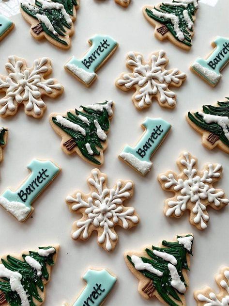 Christmas Themed One Year Old Party, Winter Onederland Party Boy, Winter Baby Birthday, Campfire Birthday, Winter Birthday Themes, First Birthday Winter, First Birthday Cookies, Winter Onederland Birthday Party, Winter Onederland Party