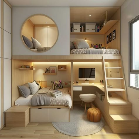 3+ Clever Design Hacks for Small Children's Rooms • 333+ Inspiring Lifestyle Ideas 3 Beds In One Room Ideas Small Spaces, Tiny Childrens Bedroom, Kids Room Space Saving Ideas, Tiny Bedroom For Two, Bunk Beds Small Room Space Saving, Small Kids Shared Bedroom Ideas, 2 Bunk Beds In One Room, Tiny Bedroom Design Space Saving, Small Bedroom 2 Beds Ideas