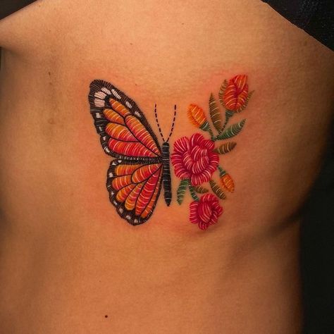 Embroidery Tattoo Ideas, Fernanda Ramirez, Cross Stitch Tattoo, Monarch Butterfly Tattoo, Mexico Tattoo, Mexican Tattoo, Mexican Art Tattoos, Embroidery Tattoo, Stitch Tattoo