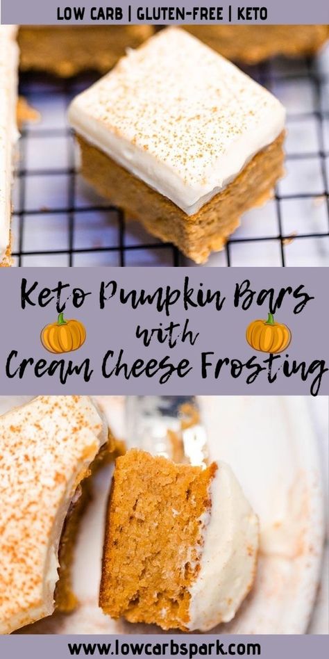 The outstanding combo of pumpkin puree and homemade pumpkin spice is the best way to start that fall baking marathon. Keto Pumpkin Bars, Easy Pumpkin Bars, Pumpkin Bars With Cream Cheese, Bars With Cream Cheese Frosting, Bars With Cream Cheese, Desserts Keto, Keto Pumpkin, Low Carb Low Sugar, Pumpkin Bars