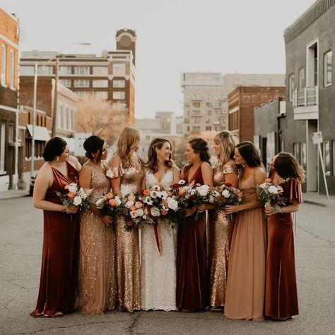 Velvet Bridesmaid Dresses: Shopping guide and this year's hottest trends Velvet And Sequin Bridesmaid Dresses, Winter Wedding Mismatched Bridesmaids, Winter Gold Bridesmaid Dresses, Gold Bridesmaid Dresses Christmas, New Years Bridesmaid Dresses, Gold Winter Bridesmaid Dresses, Gold Mismatched Bridesmaid Dresses, Velvet Fall Bridesmaid Dresses, Brown Velvet Bridesmaid Dresses