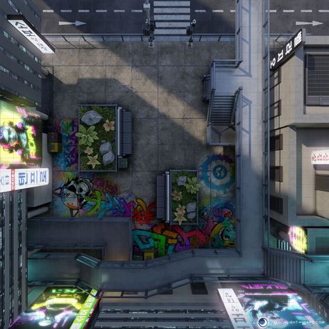 "It's getting worse around here, every day there's a new spot of graffiti. I just want a clean place to live!"  🌙 For hundreds more battle maps visit my website! Happy gaming!⁠ ⁠ #scifi #cyberpunk #cyberpunkred #cyberpunkbattlemaps #cyberpunkmaps #scifirpg #alienrpg #starfinder #starfindermaps #starfinder2e #starwarsrpg #edgeoftheempire #starwarsbattlemaps #bladerunner #foundryvtt #dungeonmaster #tabletop #tabletopgaming⁠⁠⁠ Dnd Modern City Map, Cyberpunk Assets, Modern Battle Map, Cyberpunk Battlemap, D20 Modern, Cyberpunk Games, Sci Fi Rpg, Graffiti I, Cyberpunk Rpg