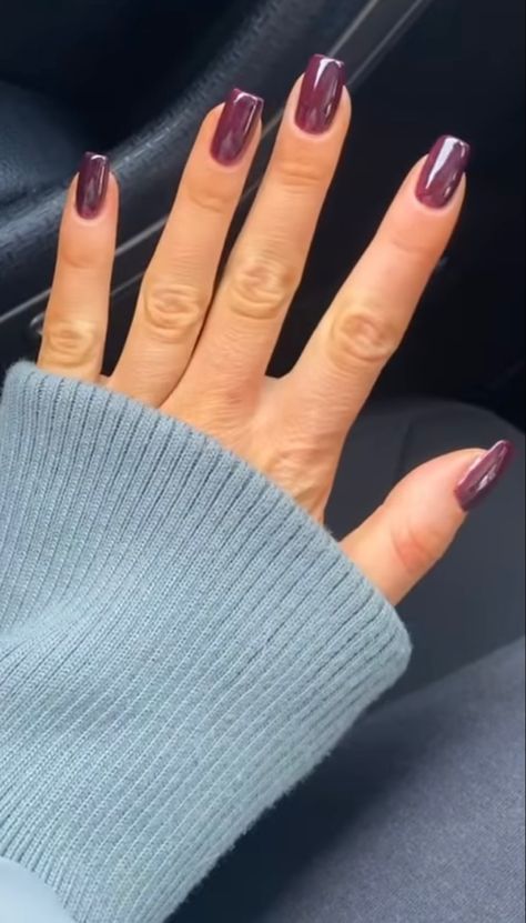 Aubergine Nails Art, Fall Colors Gel Nails, Cute Nail Colors For Fall, Plum Colour Nails, Chrome Plum Nails, Squoval Gel X Nails, Fall Nail Manicure Ideas, Chic Nail Colors, Fall Nails Wine Color