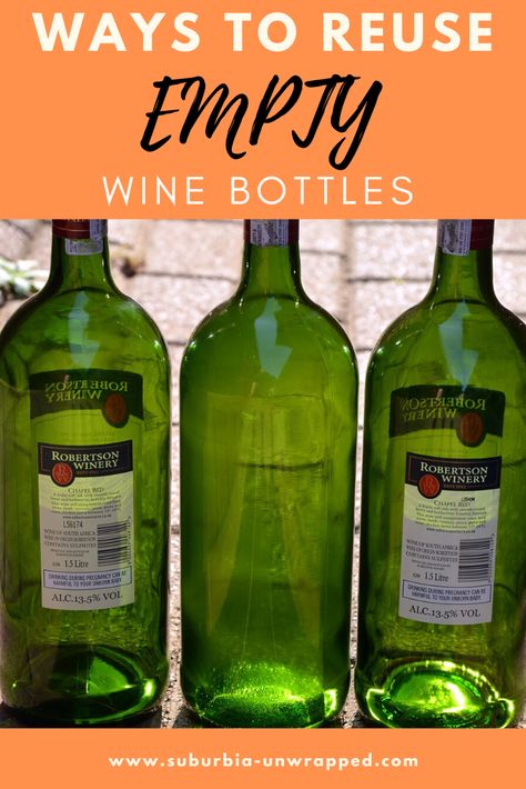 Don't throw out empty wine bottles! These DIY wine bottle crafts and other creative ways to reuse wine bottles will help you reduce your carbon footprint and save money. Why buy new when you can reuse a glass bottle from home instead? #frugallivingtips #winebottlecrafts #houseandhome #homemakingtips #upcycling #EarthDayIdeas Green Bottle Crafts, Large Wine Bottle Crafts, Recycle Wine Bottles Ideas, Wine Bottle Yard Art, Old Wine Bottle Ideas, Decorating With Wine Bottles, Upcycle Wine Bottles, Empty Wine Bottle Crafts, Diy Wine Bottle Crafts