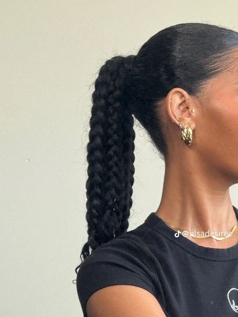 Slick Braids Hairstyles, Slick Ponytail Braiding Hair, Easy Protective Styles For Long Natural Hair, Classy Braids For Black Women, Cruise Hairstyles For Black Women Natural Hair, Long Plait Hairstyles, Three Braids Into Ponytail, One Jumbo Braid Ponytail, 4c Bun Natural Hair