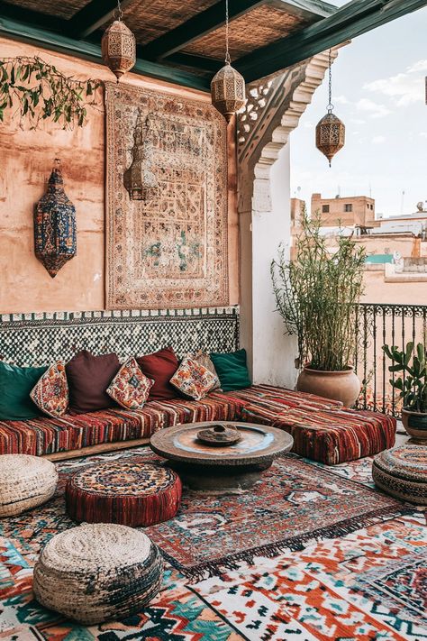 Moroccan-style rooftop lounge with plush cushions, vibrant rugs, hanging lanterns, low tables, and decorative tiles, creating an exotic, cozy escape --ar 2:3 --style raw --v 6.1 Outdoor Living Space Ideas, Living Space Ideas, Rooftop Gardens, Balcony Design Ideas, Rustic Patio, Garden Floor, Zen Space, Outdoor Living Spaces, Woven Throw Blanket