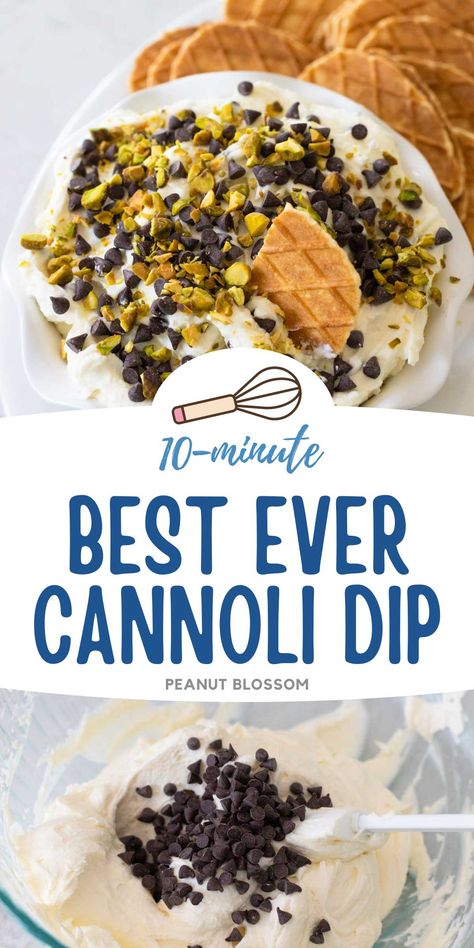 This easy cannoli dip is ready in just 10 minutes and has the most authentic cannoli filling with mini chocolate chips and chopped pistachios for true Italian flavor. Serve with crispy butter cookies in place of the cannoli shells. The perfect no bake dessert for make ahead holiday prep! Cannoli Dip With Mascarpone, Canoli Dip Best, Crispy Butter Cookies, Easy Cannoli Dip, Superbowl Snack, Easy Party Treats, Easy Cannoli, Super Bowl Snack Recipes, Easy Dessert Dips