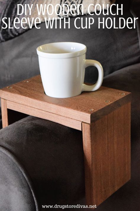 DIY Wooden Couch Sleeve With Cup Holder Tutorial | Drugstore Divas Diy Wood Christmas Gifts, Wood Christmas Gifts, Mom Images, Wooden Couch, Wood Projects For Beginners, Carpentry Projects, Diy Posts, Small Woodworking Projects, Budget Planer