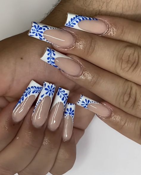 Ojo Nail Design, Mexico Style Nails, Don Julio Nails, Casamigos Nails, Azul Nails Ideas, Greek Acrylic Nails, Baddie Nails 2023, Azul Tequila Nails, Costal Nail Ideas