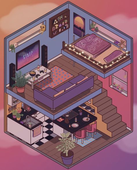 Bedroom Drawings, Isometric Room, Integers Worksheet, Mind Art, Persona Anime, Warm Color Schemes, Bedroom Drawing, Isometric Drawing, Architecture Design Drawing