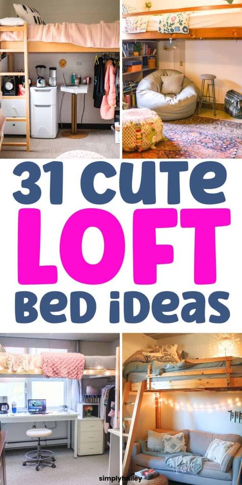 Teen Loft Beds For Small Rooms, Loft Bed Over Couch, Room With Loft Ideas, Loft Bed Side Table Ideas, Ideas For Under Loft Bed, Loft Bed Underneath, Loft Bed Setup, Loft Bed With Bed Under, Underneath Loft Bed Ideas