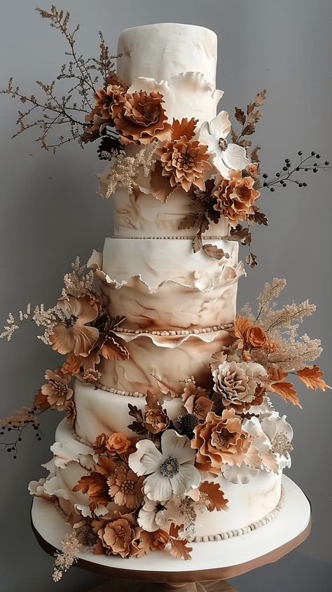 40+ Fall Wedding Ideas That Will Inspire You (Cake, Aisle, Table, Ceremony Decor, And More!) Fairytale Wedding Cakes, Fall Theme Wedding Cake, Fall Wedding Food Ideas, Fall Wedding Cake Ideas, Fall Themed Wedding Cakes, Halloween Wedding Cake, Brown Wedding Cakes, Autumn Wedding Cake, Halloween Wedding Cakes