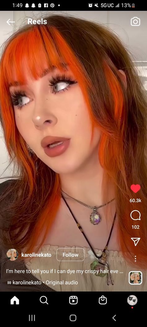 Black Hair With Orange Peekaboo, Brown Hair With Orange Peekaboo, Orange Hair Streaks, Peekaboo Hair Color Ginger, Peekaboo Fringe, Black And Orange Color Block Hair, Orange Peekaboo Hair, Orange Bangs Brown Hair, Brown And Orange Hair