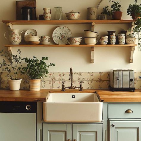 French Yellow Kitchen, Country Side Interior Design, Cottagecore Kitchen Backsplash, French Kitchen Cabinets, Kitchen Sink No Window Ideas, Kitchen Sink Wall No Window, Small Country Kitchen Ideas, French Kitchen Ideas, Small Vintage Kitchen