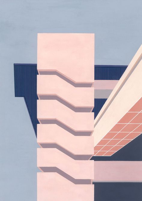 Artist Bianca Wilson’s Vivid Paintings Treat The World As A Series Of Color, Line, And Shape - IGNANT Vivid Paintings, Australian Painters, Lilac Sky, Building Illustration, Geometric Painting, Architecture Illustration, City Landscape, Portrait Illustration, Australian Artists