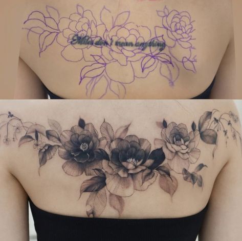 Corset Tattoo, Flower Cover Up Tattoos, Really Bad Tattoos, Tatuaje Cover Up, Travel Tattoo Ideas, Cover Up Tattoos For Women, Floral Back Tattoos, Best Cover Up Tattoos, Hip Thigh Tattoos