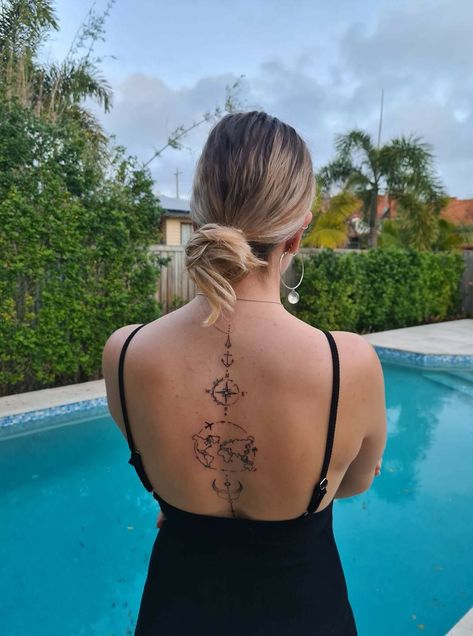 Spine Travel Tattoo, Travel Tattoo Ideas For Women, Watercolor Bike, Rug Tattoo, Travel Tattoo Ideas, Back Tattoo Women Spine, Spinal Tattoo, Flower Spine Tattoos