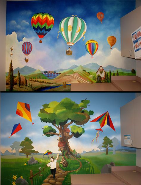 Mural For School, Mural For Kindergarten Wall, Kindergarden Wall Painting Ideas, Ukg Class Wall Painting, Hot Air Balloon Mural Wall Art, Cartoon Wall Painting In School, Daycare Design, Kids Room Murals, Balloon Painting