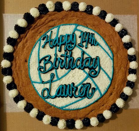 Volleyball Cookie Cake, Great American Cookie Cake, Volleyball Cookies, 12th Birthday Ideas, Great American Cookie, School Cakes, Baking Party Ideas, Cookie Cake Ideas, Cookie Cake Designs