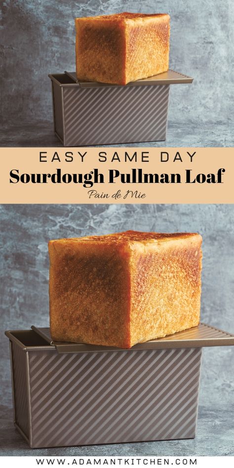 Sourdough bread is absolutely delicious, but making a crusty loaf with sourdough can be a bit tricky.  This simple sourdough sandwich bread is MUCH easier, and it allows you to turn an everyday sandwich into something extraordinary.  A pullman loaf pan is a square pan (with a lid) that allows you to bake a perfectly shaped loaf every time (without the complicated shaping steps involved in most sourdough baking). Pullman Bread Pan Recipes, How To Use A Pullman Pan, Easy Fool Proof Sourdough Loaf Bread, Pullman Loaf Pan Sourdough, Sourdough Sandwich Bread Pullman Pan, Sourdough Sandwich Bread Pullman, Sourdough Pullman Loaf Pan Recipes, Sourdough Mini Loaf, Pullman Loaf Pan Recipes Sourdough