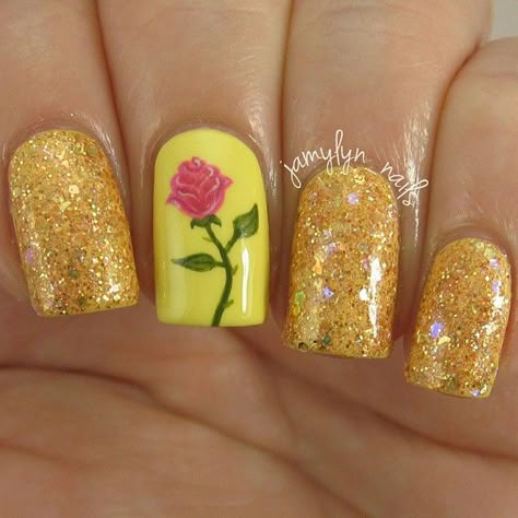 Gold Shimmer Nails With Rose. Inspired by Belle From Beauty and The Beast. Beauty And The Beast Nails, Disney Princess Nails, Disneyland Nails, Belle Nails, Disney Nail Designs, Disney Inspired Nails, Unghie Nail Art, Nail Shimmer, Nail Art Disney