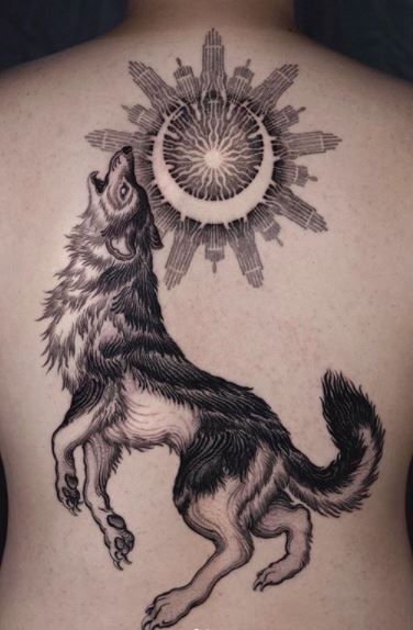 Back Wolf Tattoo, Feminine Wolf Tattoo Design Shoulder, 2 Wolves Tattoo, Wolf Teeth Tattoo, Full Body Wolf Tattoo, Protective Wolf Tattoo, Running Wolf Tattoo, Black And White Wolf Tattoo, Spiritual Wolf Tattoo