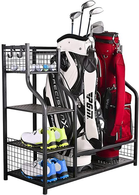 Amazon.com : SNAIL Golf Bag Garage Storage Organizer Extra Large Size Golf Bag Rack Stand Holder Fits 2 Golf Bags and Other Golfing Equipment Accessories, Metal Black Golf Club Storage for Garage Shed and Basement : Sports & Outdoors Golf Equipment Storage, Golf Gadgets, Sport Rack, Best Golf Clubs, Garage Storage Solutions, Bag Rack, Garage Organize, Garage Shed, Equipment Storage