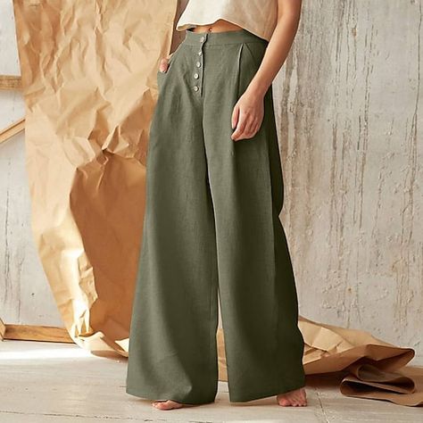 Fashion Trousers Women, Plus Size Summer Casual, Estilo Hippy, Button Pants, High Waist Wide Leg Pants, Checkered Dress, Loose Trousers, Cooler Look, Wide Leg Linen Pants