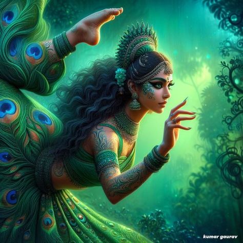 Indian Digital Art | **Emerald green, Peacock blue & Monsoon forest glow Prompt: A solo performance of Indian classical dance, the artist balances on one leg, her body cur... | Facebook Indian Digital Art, Dance Forms, Baby Boss, Indian Women Painting, Reflection Photos, Indian Classical Dance, Dance Photography Poses, Green Peacock, Emo Girl