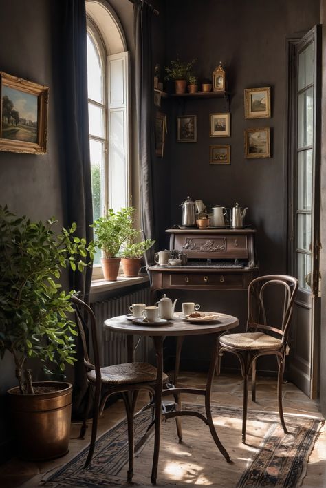 French Cafe Aesthetic, Cozy Coffee Corner, French Countryside Decor, Coffee Corner Ideas, Coffee Corners, Inviting Aesthetic, Coffee Table Inspiration, Rustic Table Setting, Corner Ideas