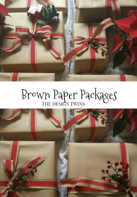 Brown Paper Packages - The Design Twins | DIY Home Decor Inspiration Blog Christmas Wrapping Diy Brown Paper, Brown Bag Christmas Wrapping, Brown Paper Packages Christmas, Brown Ribbon Christmas Wrapping, Decorate Brown Wrapping Paper, Christmas Stage, Fun Craft Ideas, Christmas Thoughts, Holiday Wrapping