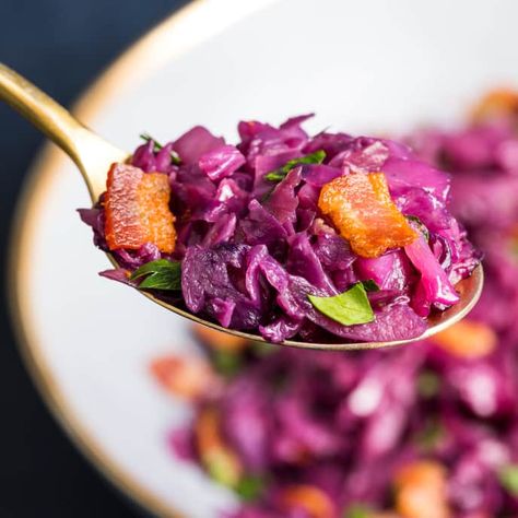 Braised Red Cabbage with Apple, Bacon, and Shallots | Cook's Illustrated Chicken Red Cabbage Recipes, Red Cabbage With Apples, Cabbage Varieties, Braised Red Cabbage, Yummy Veggies, Donut Toppings, Braised Cabbage, Cabbage And Bacon, America's Test Kitchen Recipes