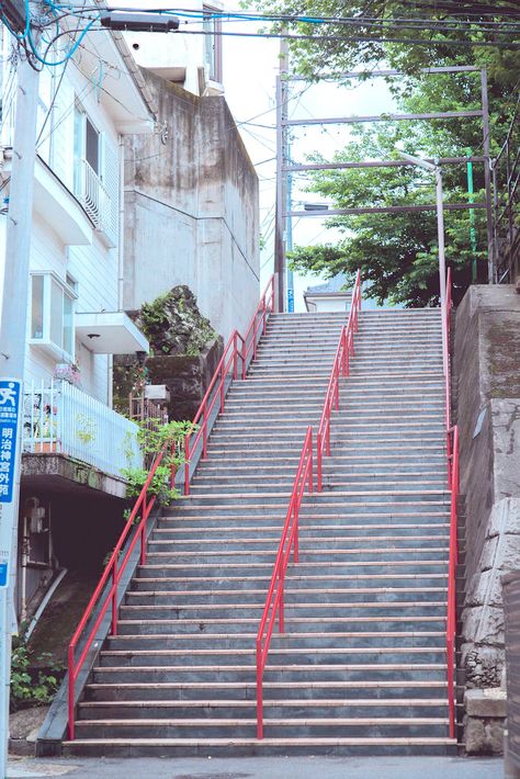 Japanese Street Reference, Japanese Stairs, Japanese Neighborhood, Outside Stairs, Modern Japanese Architecture, Japanese Countryside, Japanese Town, Dark Street, High Ground