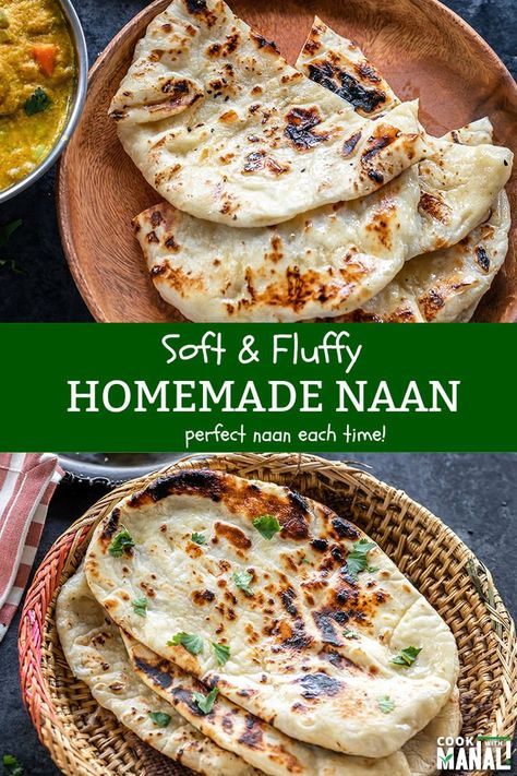 Indian Food Naan, Sides For Indian Food, Authentic Indian Naan Bread Recipe, Indian Naan Recipe, Homemade Nan, Indian Food Ideas, Indian Naan Bread Recipe, Homemade Indian Food, Vegan Indian Food