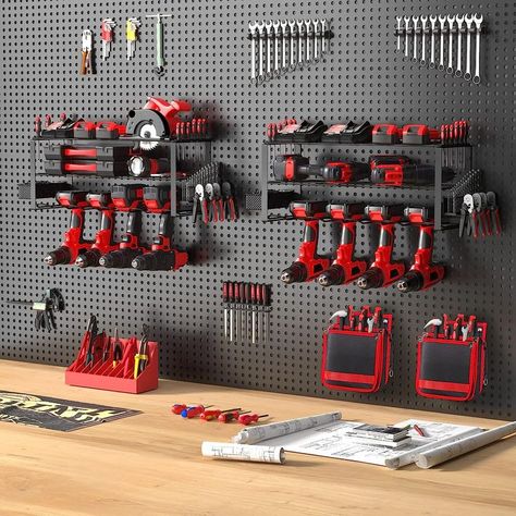 ✔️No Clutter, More Efficien t- HYSEYY power tool organizer store power and hand tools, drills, and so on, keeping them within reach. Turning a messy workbench into a neat and efficient place to work. Suitable for tool rooms, garages, warehouses, workshops. #garage #garageorganization #garagestorage #garagegoals #garageorganizers Tool Wall Storage, Tool Bag Organization, Tall Furniture, Power Tool Organizer, Garage Workshop Organization, Drill Holder, Tool Room, Engineering Tools, Garage Interior