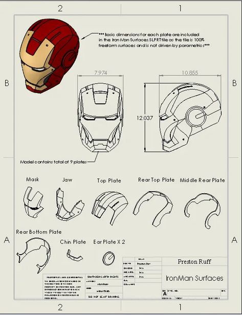 Full Metal Iron Man Helmet Project | GoEngineer Ironman Helmet Template, Ironman Blueprint, Iron Man Suit Blueprint, Iron Man Blueprints, Iron Man Helmet Drawing, Iron Man Helmet Template, Pepakura Iron Man, Ironman Mask, Iron Man Design