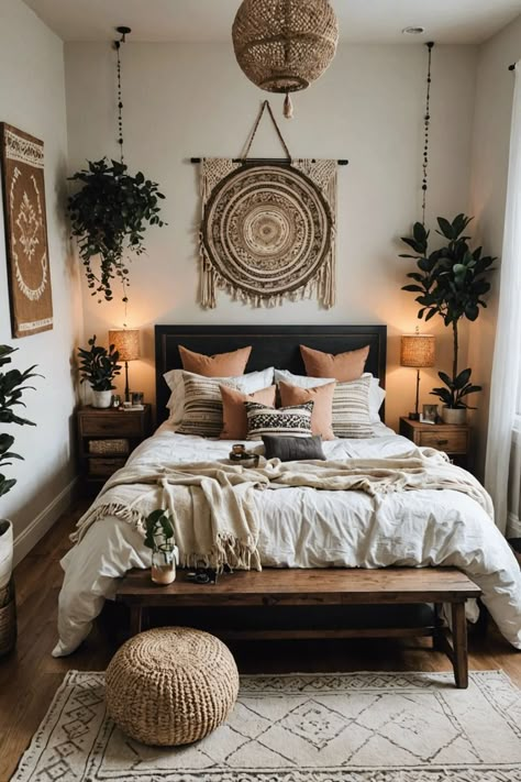 Boho Elegant Bedroom, Guest Room Boho, Boho Guest Bedroom Ideas, Boho Bedroom Layout, Warm Boho Bedroom, Simple Boho Bedroom, Small Boho Bedroom, Mariana Core, Boho Style Bedroom Decor