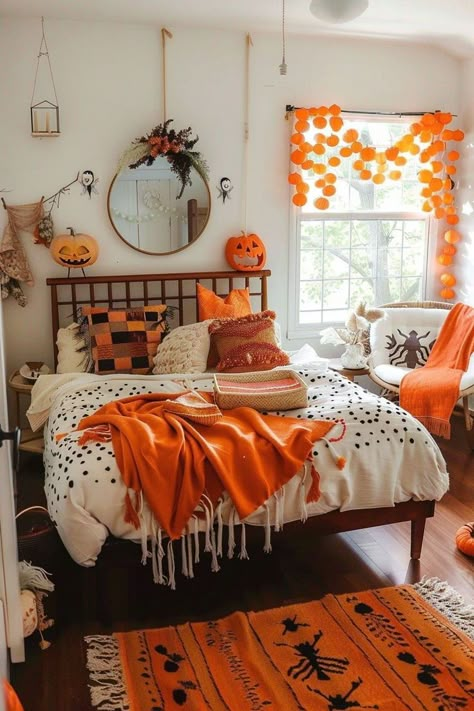 #HalloweenBedroom #SpookyDecor #HauntedHouse #TrickOrTreat #GhoulishBedroom #PumpkinPatches #WitchyVibes #CreepyCrawlies #GhostlyBedroom #CostumeParty #FrightNight #HalloweenHome #ScaryDecor #Boo-tifulBedroom #JackOLanterns Aesthetic Fall Room Decor, Fall Halloween Bedroom, Autumn Room Ideas, Aesthetic Fall Room, Cozy Halloween Decor, Halloween Bedroom Ideas, Halloween Themed Bedroom, Halloween Room Ideas, Halloween Bed